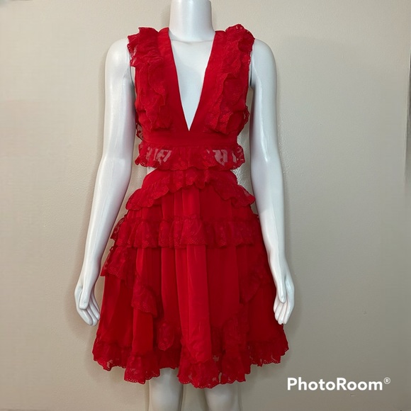 L'ATISTE Dresses & Skirts - Red V-neckline lace ruffle crisscross back cutout mini dress